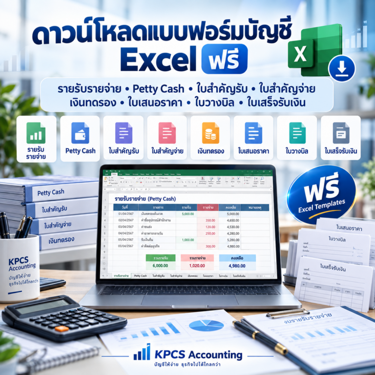 ดาวน์โหลดแบบฟอร์มบัญชี Excel ฟรี รายรับรายจ่าย Petty Cash ใบสำคัญรับ ใบสำคัญจ่าย และเอกสารบัญชีสำหรับธุรกิจ KPCS Accounting