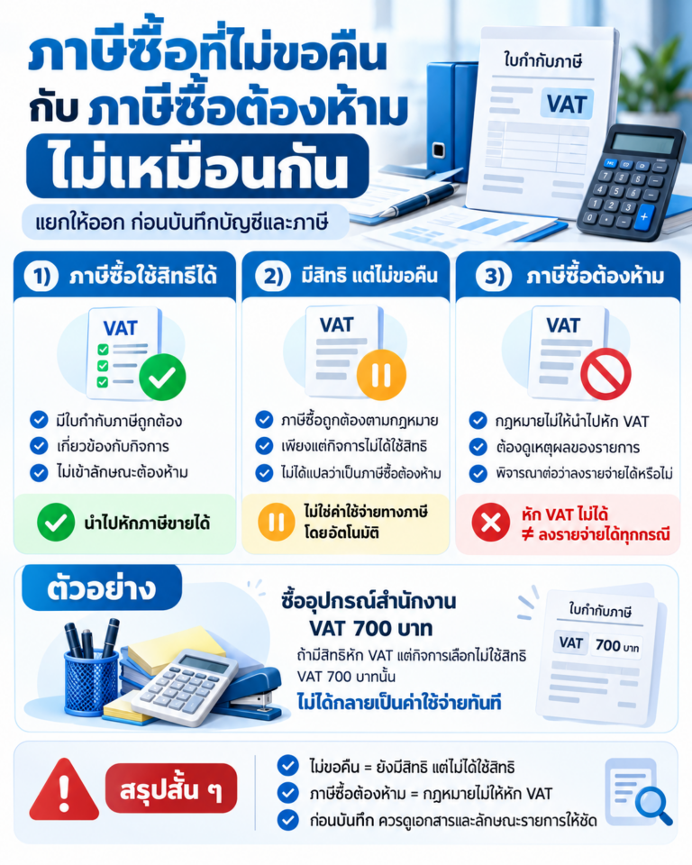 อินโฟกราฟิกเปรียบเทียบภาษีซื้อที่ใช้สิทธิได้ ภาษีซื้อที่มีสิทธิแต่ไม่ขอคืน และภาษีซื้อต้องห้าม พร้อมตัวอย่าง VAT 700 บาท