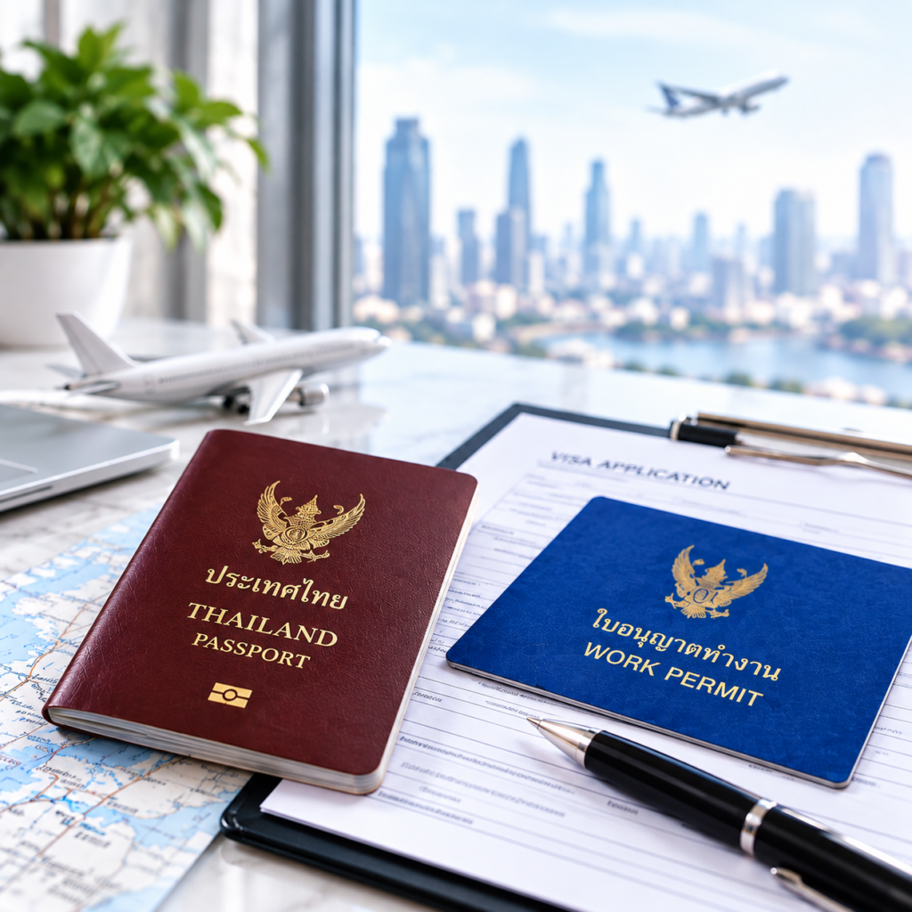 บริการต่ออายุวีซ่าและใบอนุญาตทำงาน (Visa & Work Permit Renewal) สำหรับชาวต่างชาติในประเทศไทย พร้อมภาพหนังสือเดินทาง เอกสารวีซ่า และใบอนุญาตทำงาน