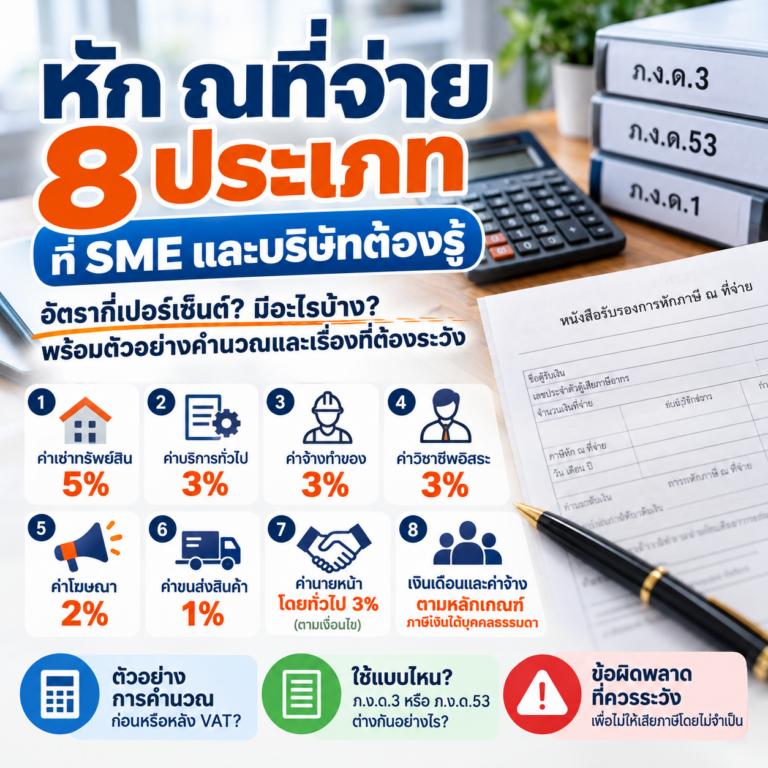 อินโฟกราฟิกภาษีหัก ณ ที่จ่าย 8 ประเภทที่ SME และบริษัทต้องรู้ พร้อมอัตราหักภาษี 1% 2% 3% 5% วิธีคำนวณ และแบบ ภ.ง.ด.3 กับ ภ.ง.ด.53