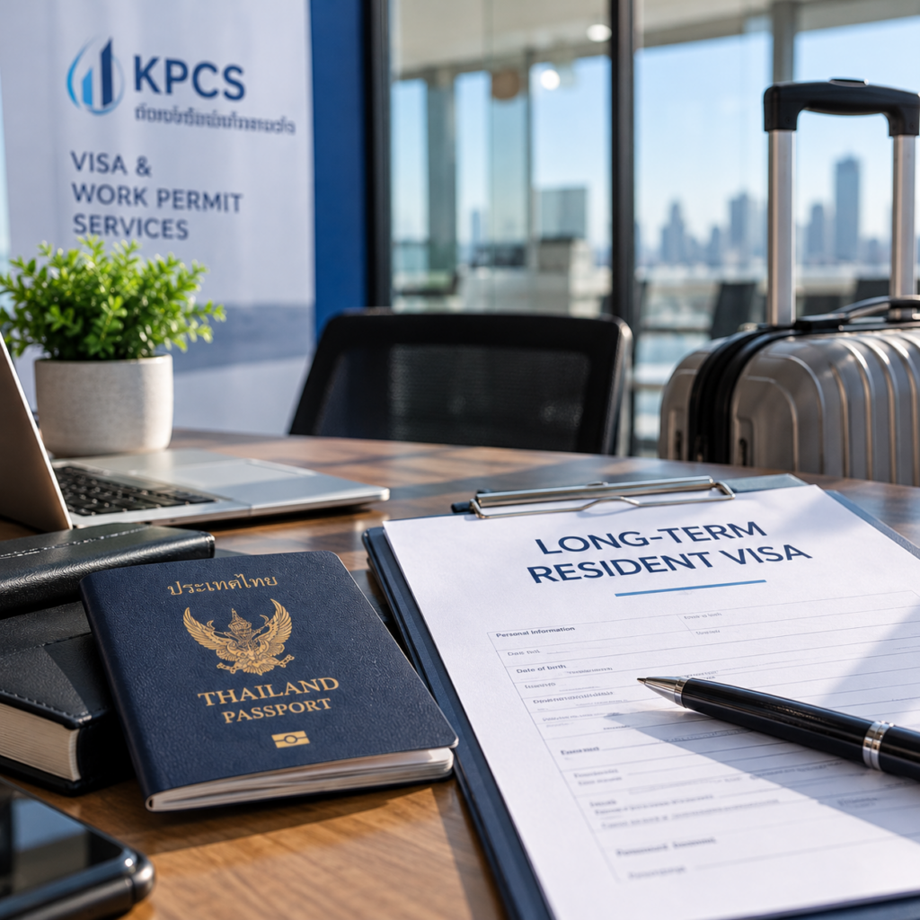 ภาพโต๊ะเตรียมเอกสารวีซ่าพำนักระยะยาว (Long-Term Resident Visa Thailand) ในสำนักงาน สื่อถึงบริการให้คำปรึกษาและช่วยจัดเตรียมเอกสาร LTR Visa ของ KPCS Accounting