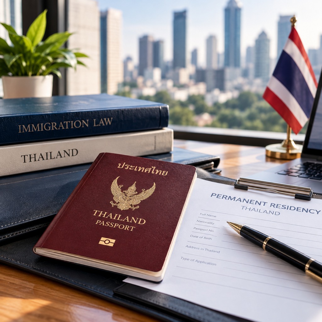ภาพบริการขอมีถิ่นที่อยู่ถาวรในประเทศไทย (Thai Permanent Residency) แสดงหนังสือเดินทาง เอกสารคำขอ Permanent Residence และธงชาติไทย สื่อถึงบริการเตรียมเอกสารและประสานงานขอถิ่นที่อยู่ถาวรสำหรับชาวต่างชาติ โดย KPCS Accounting